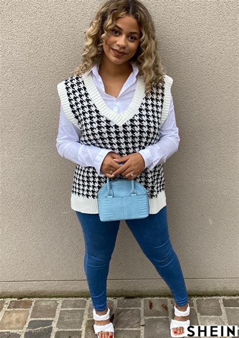 Houndstooth V Neck Oversized Sweater Vest Shein Usa