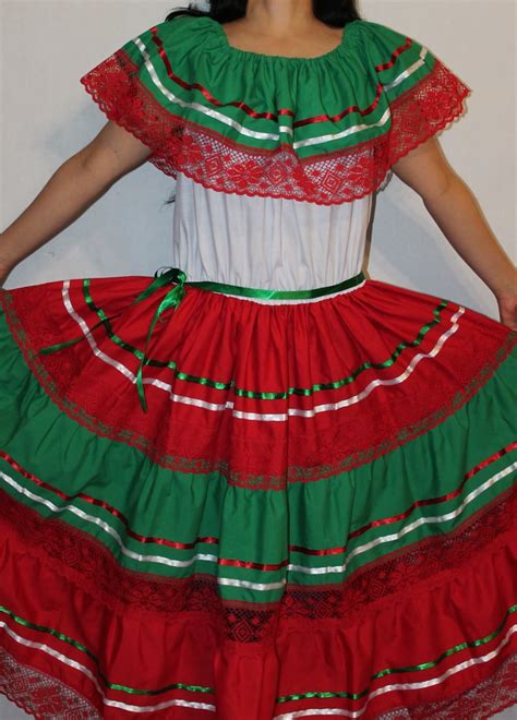 Tricolor Peasant Mexican Lace Dress Off Shoulder Cinco De Mayo Etsy