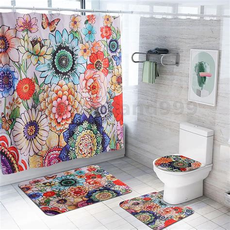 4 Pcs Waterproof Shower Curtain Set Flower Print Shower Curtain Rug