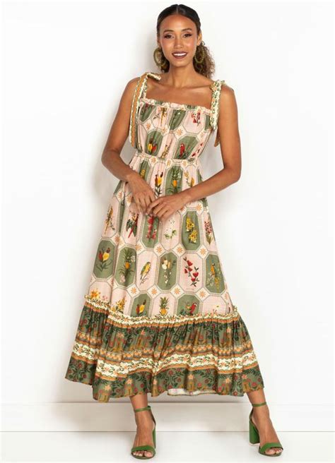 Vestido Midi De Viscose Porcelana Tropical Estampado Farm