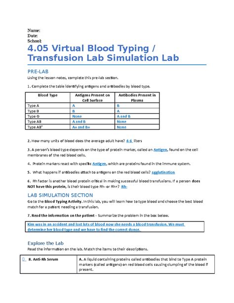 Blood Typing Pre Lab Work Sheet Chapter Name Date School Virtual