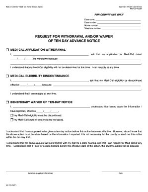 Fillable Online Dhcs Ca Request For Withdrawal Waiver Of Ten Day