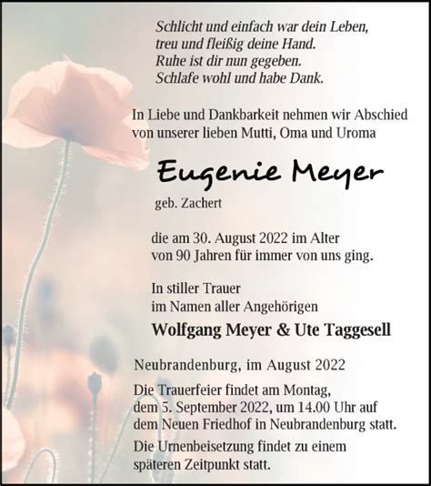 Traueranzeigen Von Eugenie Meyer Trauer Nordkurier