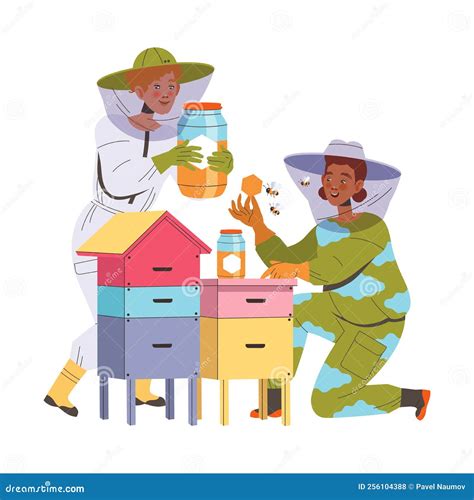 Equipped Man And Woman Beekeeper Or Apiarist Gathering Sweet Honey From Beehive Vector