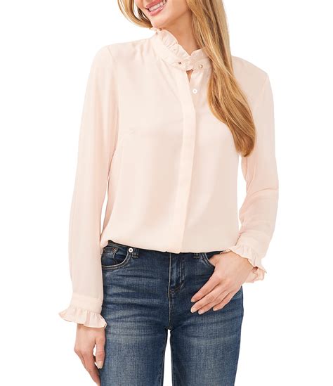 Cece Ruffle Mock Neck Long Sleeve Pearl Button Ruffle Mock Neck