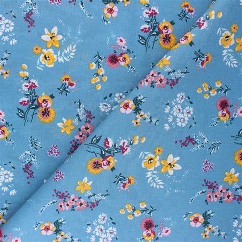 Tissu Coton Cretonne Enduit Poppy Flowery Bleu Mpm