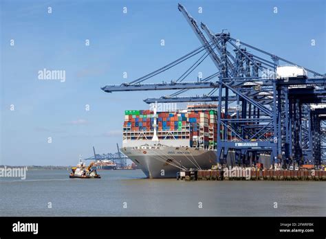 OOCL Hong Kong container ship cranes unloading, Port of Felixstowe, Suffolk, England, UK Stock ...