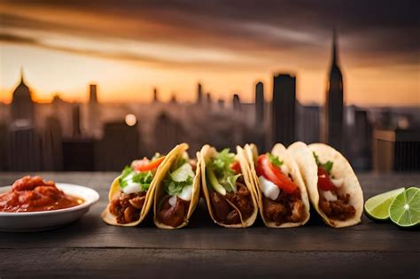 Premium AI Image Tacos Are Served On A Table In Front Of A Sunset Sky