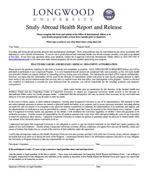 Fillable Online Longwood Study Abroad Health Report And Release