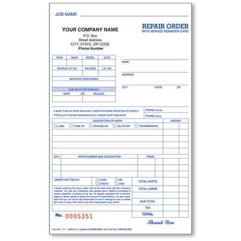 Part Compact Repair Order Form With Reminder Card