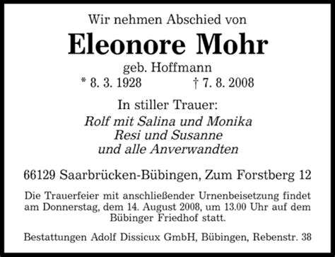 Traueranzeigen Von Eleonore Mohr Saarbruecker Zeitung Trauer De