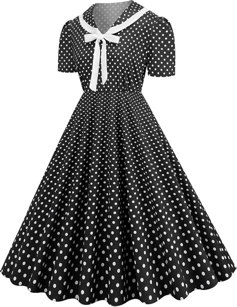 Women Vintage 1950s Dress 50s Sailor Collar Tie Neck A Line Polka Dot Rockabilly