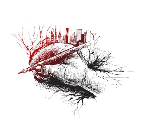 Premium Vector | Sketch of hand holding pen isolated on white background with urban city skyline ...