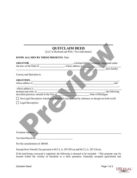 Michigan Quitclaim Deed From Limited Liability Company To Husband And