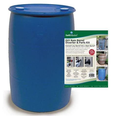 EarthMinded 55 Gal Blue Plastic Drum DIY Rain Barrel Bundle With