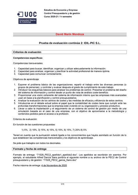 Control Presupuestario Y De Gesti N Pec Enunciado Pec Estudios De