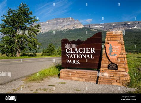 The Glacier National Park entrance sign at St. Mary in Glacier National ...