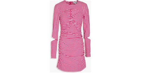 Ganni Cutout Ruched Gingham Seersucker Mini Dress In Pink Lyst