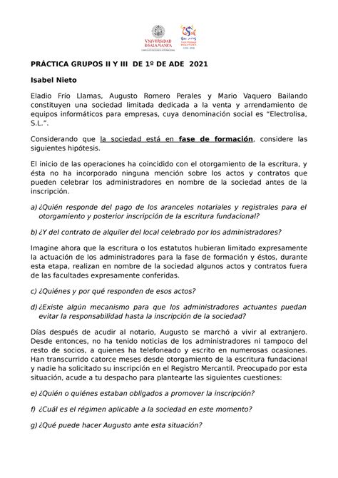 Práctica constitución de sociedades PRÁCTICA GRUPOS II Y III DE 1º DE