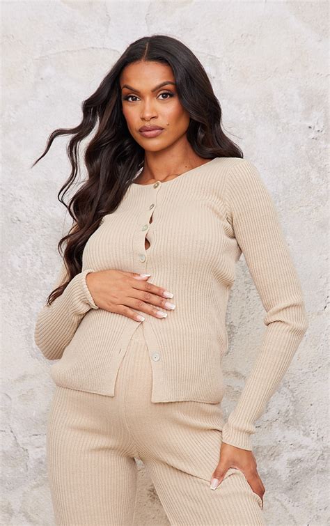 Maternity Oatmeal Button Long Sleeve Rib Knit Top Maternity