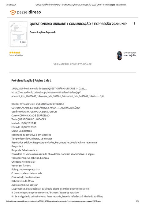 Questionário Unidade 1 Comunicação E Expressão 2020 UNIP Comunicação
