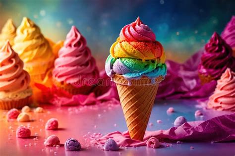 Big Colorful Rainbow Ice Cream In Cone Stock Illustration