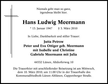 Traueranzeigen Von Hans Ludwig Meermann Trauer In Nrw De