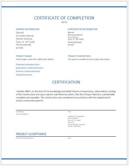 Construction Work Completion Certificates For Ms Word Word And Excel