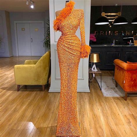 Orange Sparkly One Shoulder Prom Dress Mermaid Long Sleeves Sequins