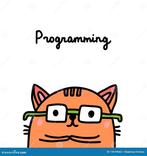 Cat Programming Coding Hand Drawn Vector Illustration In Cartoon Comic