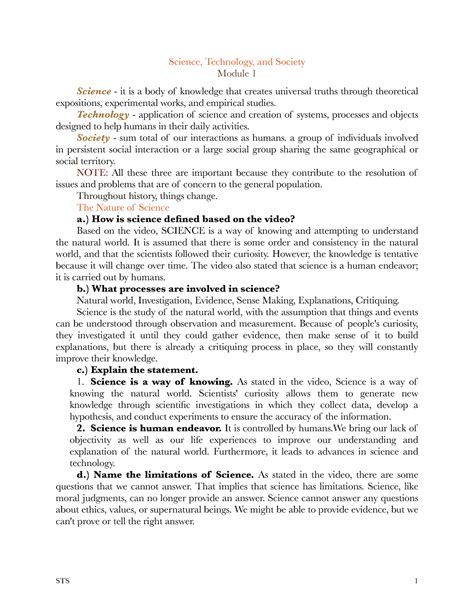 STS Lecture Notes Science Technology And Society Module 1 Science