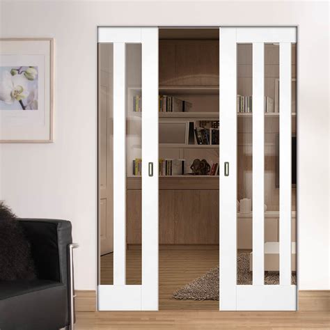 Utah White Primed Panel Absolute Evokit Double Pocket Doors Clear Gl