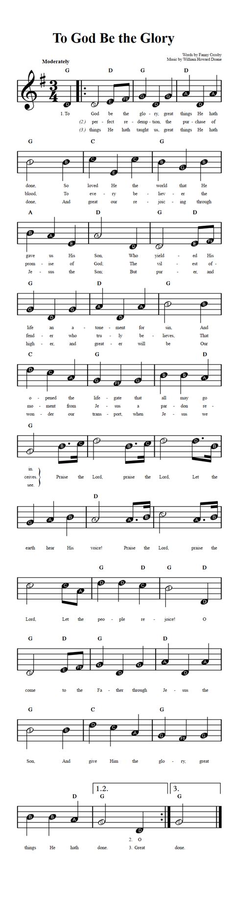 To God Be the Glory: Beginner Sheet Music with Chords and Lyrics