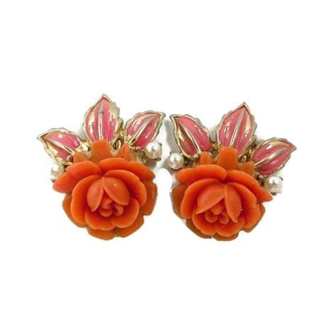 Vintage Coro Earrings Flower Earrings Screwback Earrings Orange Rose