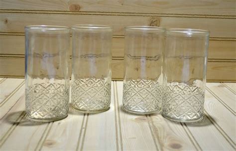 Vintage Jelly Jar Tea Water Glasses Quilted Diamond Pressed Glass Highball Tumbler Drinking Set