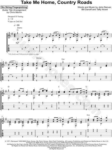 Six String Fingerpicking Take Me Home Country Roads Guitar Tab In G Major Download And Print