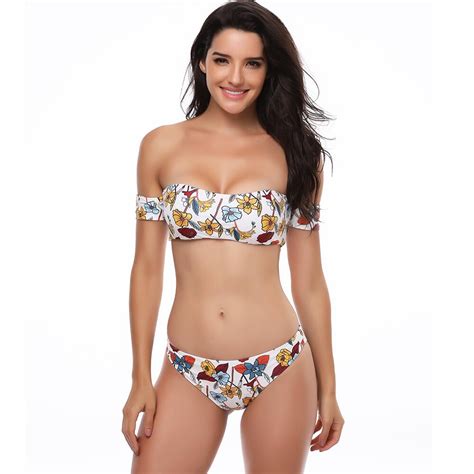 New Bandeau Bikini Set Off Shoulder Swimwear Women Printed Bikini Sexy