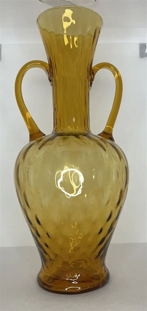 Vtg Mcm Empoli Double Handle Vase Amber Optic Swirl Hand Blown Art