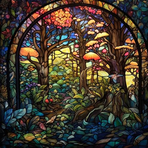 Premium Ai Image Stained Glass Window With A Forest Scene In The Background