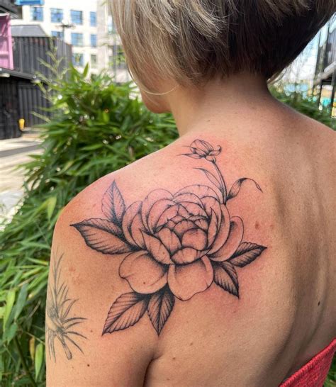 Illustrative Style Peony Tattoo Located On The Shoulder