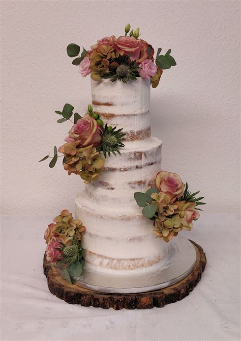 Semi Naked Cake With Dusky Pink Flower Clusters Bay Tree Cakes