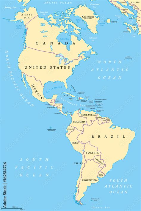 The Americas, North and South America, political map with countries and ...