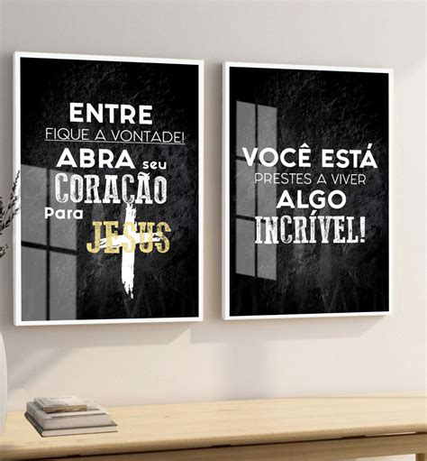 Kit 2 Quadros Decorativos Frase Motivação Jesus Cristo Vidro