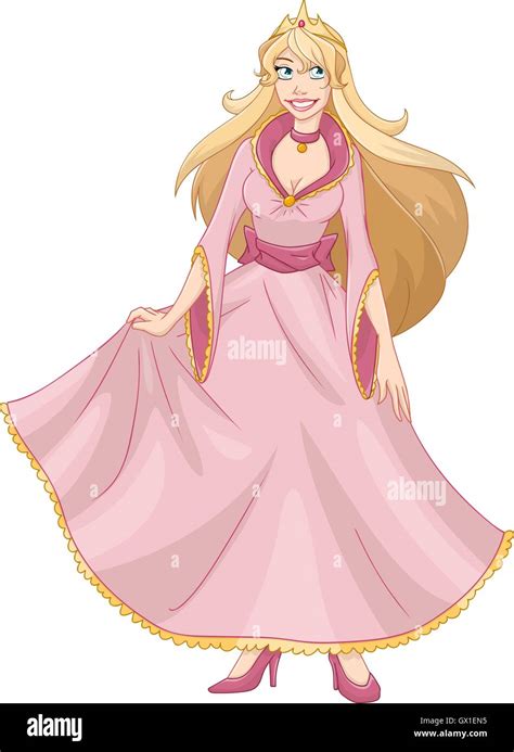 Vector Illustration Of A Princess In Pink Yellow Dress And Crown Stock