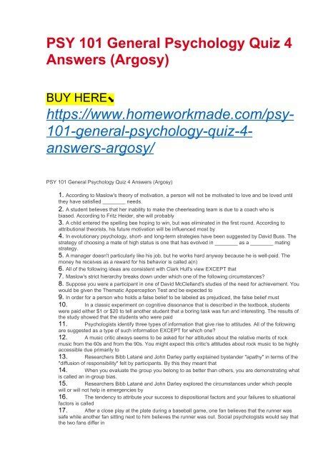 Psy 101 General Psychology Quiz 4 Answers Argosy