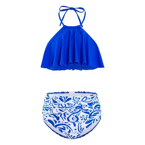 Loasebue Mother And Daughter Blue And White Porcelain Printed Swimsuit