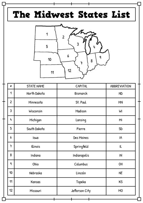 Printable Midwest States And Capitals