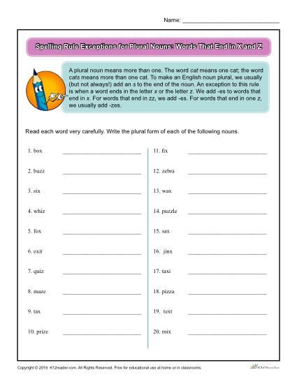 Spelling Rule Exception for Plural Nouns: Words Ending in X and Z