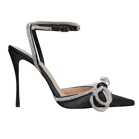 Rhinestone Pointed Toe Ankle Strap Satin Butterfly Heels Black