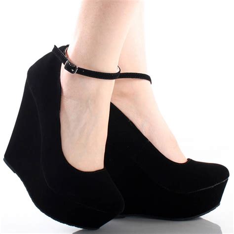 Black Suede Ankle Strap Round Toe Women High Heel Platform Wedge